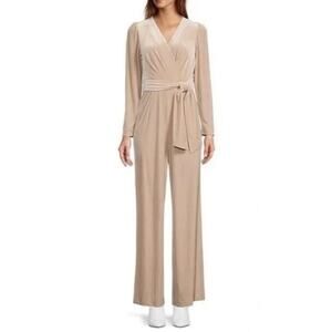Antonio Melani Jumpsuit Beige Velvet Long Sleeve V Neck Tie Waist Size 0 NWT